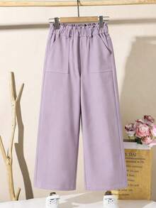 Jeans rectos de pierna ancha con volantes en la cintura, adecuados para todas las estaciones, para niñas - Púrpura malva - Ver 2