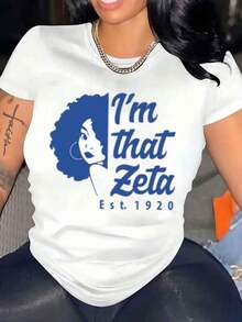 Women's Crew Neck T-Shirt "I'm That Zeta Est." 1920 Graphic Print Tee For Casual Wear And Sorority Events 220g Women's Shirts Women's Blouses Pretty Blouses For Women - 白色 - 查看 6