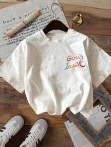 [Double-Sided Print] Women's Summer Clothing, Casual Women's Top, Fresh Style, Mermaid, Apple, Star, Good Lu Print, Crew Neck, Short-Sleeved Pure Cotton T-Shirt, Spring Outfit, Cotton T-Shirt. Y2K Style - White - View 2