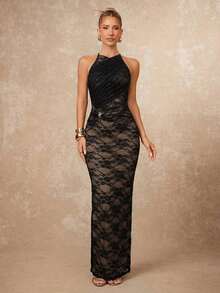 xheLumalex Vestido ajustado con cuello redondo, fruncido y decoración metálica cruzada para mujeresxhe - Negro - Ver 5