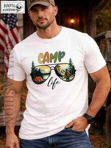 Men's Short-Sleeved T-Shirt, 100% Cotton, With Mountain Graphic Print And Camp Life Style Sunglasses, Round Neck, Breathable, Moisture-Wicking, Soft, For Outdoor Activities Such As Camping, Hiking, For Nature Lovers, Urban Wear, For Everyday And For All Seasons, Comfortable Basic T-Shirt For Adventures. - 白色 - 查看 1