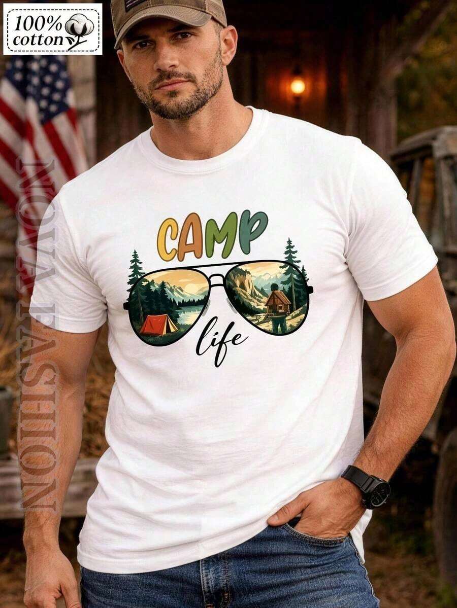 Men's Short-Sleeved T-Shirt, 100% Cotton, With Mountain Graphic Print And Camp Life Style Sunglasses, Round Neck, Breathable, Moisture-Wicking, Soft, For Outdoor Activities Such As Camping, Hiking, For Nature Lovers, Urban Wear, For Everyday And For All Seasons, Comfortable Basic T-Shirt For Adventures. - 白色 - 查看 1
