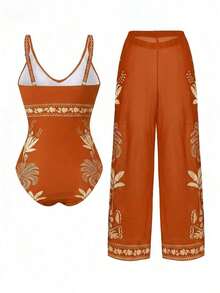 Swim Oasis Traje de baño de una pieza sexy con estampado floral para mujer, adecuado para la playa, citas, fiestas, primavera/verano, resort de moda de alta gama - Naranja - Ver 2