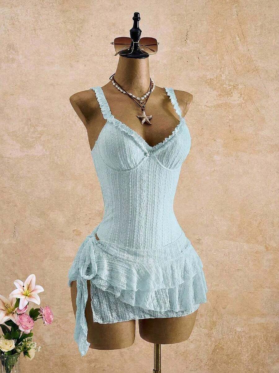 Bellisia Traje de baño de una pieza con falda y encaje marfil para vacaciones, nuevo estilo europeo y americano de traje de baño sexy de una pieza con espalda descubierta y cuello halter - Multicolor - Ver 1