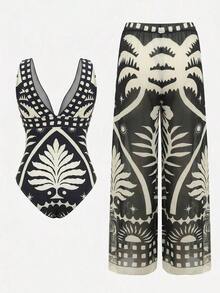 Swim Oasis Conjunto de traje de baño de una pieza con estampado floral elegante de cuello en V profundo y pantalón de cobertura para mujer, colección Primavera/Verano - Multicolor 3 - Ver 2