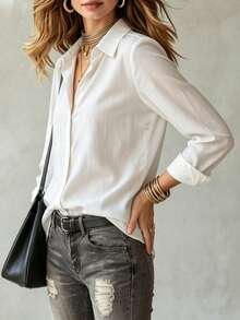 Camisa de manga larga con solapa de un solo pecho en blanco, parte superior versátil y casual, adecuada para el uso diario en primavera/otoño, trabajo y citas - Blanco - Ver 4