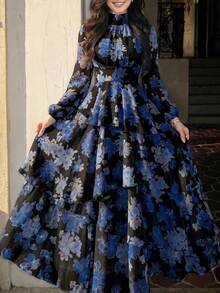 Women's Floral Print Stand Collar Lantern Sleeve Ruffle Hem Maxi Elegant Dress - Black - View 6