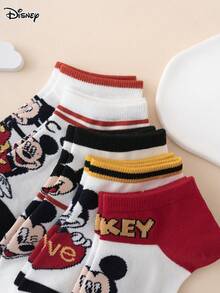 Disney 5双装迪士尼米奇条纹字母图案儿童袜子，可爱有趣的卡通儿童运动袜，四季皆宜，欧美尺码，舒适透气耐穿，色彩鲜艳，适合日常穿着，优质面料，不闷热 - 彩色 - 查看 5
