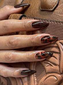 24Pcs Fashion Short Almond Shape Nail Nails Brown Red Smudge Solid Press On Nails Acrylic Nails Fake Nails Nails Manicure Set Detachable Full Cover Long Lasting Includes 1Sheet Adhesive Tabs & 1Pc Mini File Perfect For Everyday Wear Nail Supplies Nails - 彩色 - 查看 1