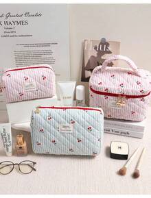 Bolsa de cosméticos acolchada con estampado de cerezas rojas, estilo coreano, a rayas tricolor, versátil y sencilla, para guardar objetos, para viajes. - Bolso octogonal rosa - Ver 6