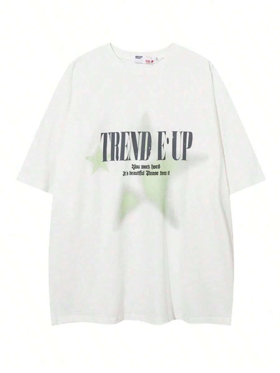 Five-Pointed Star Print T-Shirt. Five-Pointed Under-Sleeve. - 白色的 - 查看 1