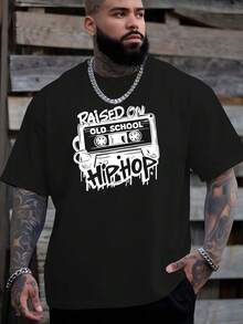 Raised In The Old School Hip Hop 2025 Summer Outdoor Sports And Casual Short Sleeve T-Shirt For Latest Fashion Men's Oversized Printed T-Shirt Loose Base Shirt Versatile Crew Neck Top Breathable And Comfortable, PLUS SIZE - 黑色 - 查看 1