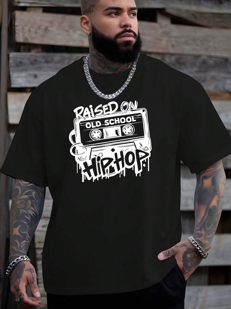 Raised In The Old School Hip Hop 2025 Summer Outdoor Sports And Casual Short Sleeve T-Shirt For Latest Fashion Men's Oversized Printed T-Shirt Loose Base Shirt Versatile Crew Neck Top Breathable And Comfortable, PLUS SIZE - 黑色 - 查看 1