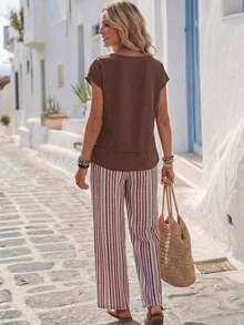 Women's Vacation Casual Solid Color Top And Pants 2 Pieces Set - 多色 5 - 查看 2