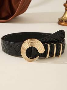 1pc French Quilted Diamond PU Women's Belt, Wavy C-Shaped Gold Buckle, Luxury Style Accessory For Suits And Dresses - Black - View 3