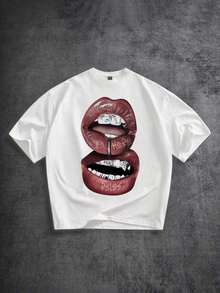 Playeras de hombre  Camiseta de manga corta con estampado de labios, dientes y diamante de imitación en color blanco, con efecto desgastado y rojo, adecuada para primavera/verano, regalo divertido para novio/uno mismo ZCUW - Blanco - Ver 1