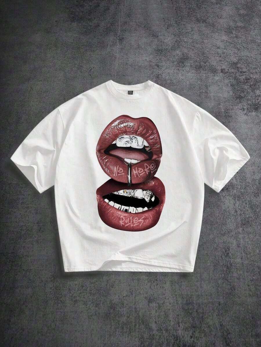 Playeras de hombre Camiseta de manga corta con estampado de labios, dientes y diamante de imitación en color blanco, con efecto desgastado y rojo, adecuada para primavera/verano, regalo divertido para novio/uno mismo ZCUW - Blanco - Ver 1