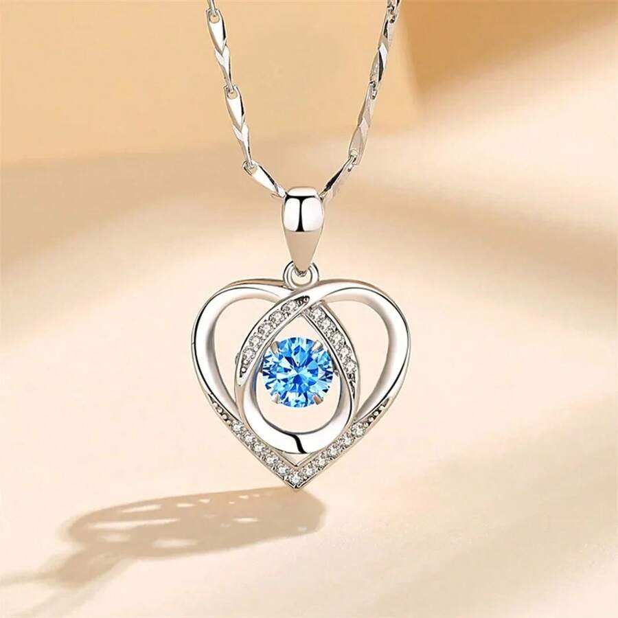 Korean Sterling Silver 925 Heart Shaped Crystal Necklace And Bracelet Set For Women, Vintage Party Jewelry, High-End Gift. - 藍色項鍊 - 查看 1