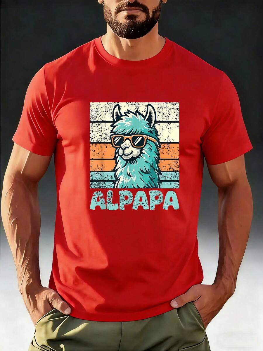 Premium Summer T-Shirts For Men, Comfortable, Breathable, And Quick-Drying For Adults. Fun Vintage T-Shirt For Adults Featuring The Alpaca "ALPAPA" Wearing Fashionable Glasses Against A Distressed Striped Background. Cool Blue And Orange - 紅色 - 查看 1
