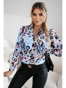 Women's Long-Sleeved Polka Dot Blouse With V-Neck And Puff Sleeves, Loose-Fitting Casual Top - 灰色 - 查看 1