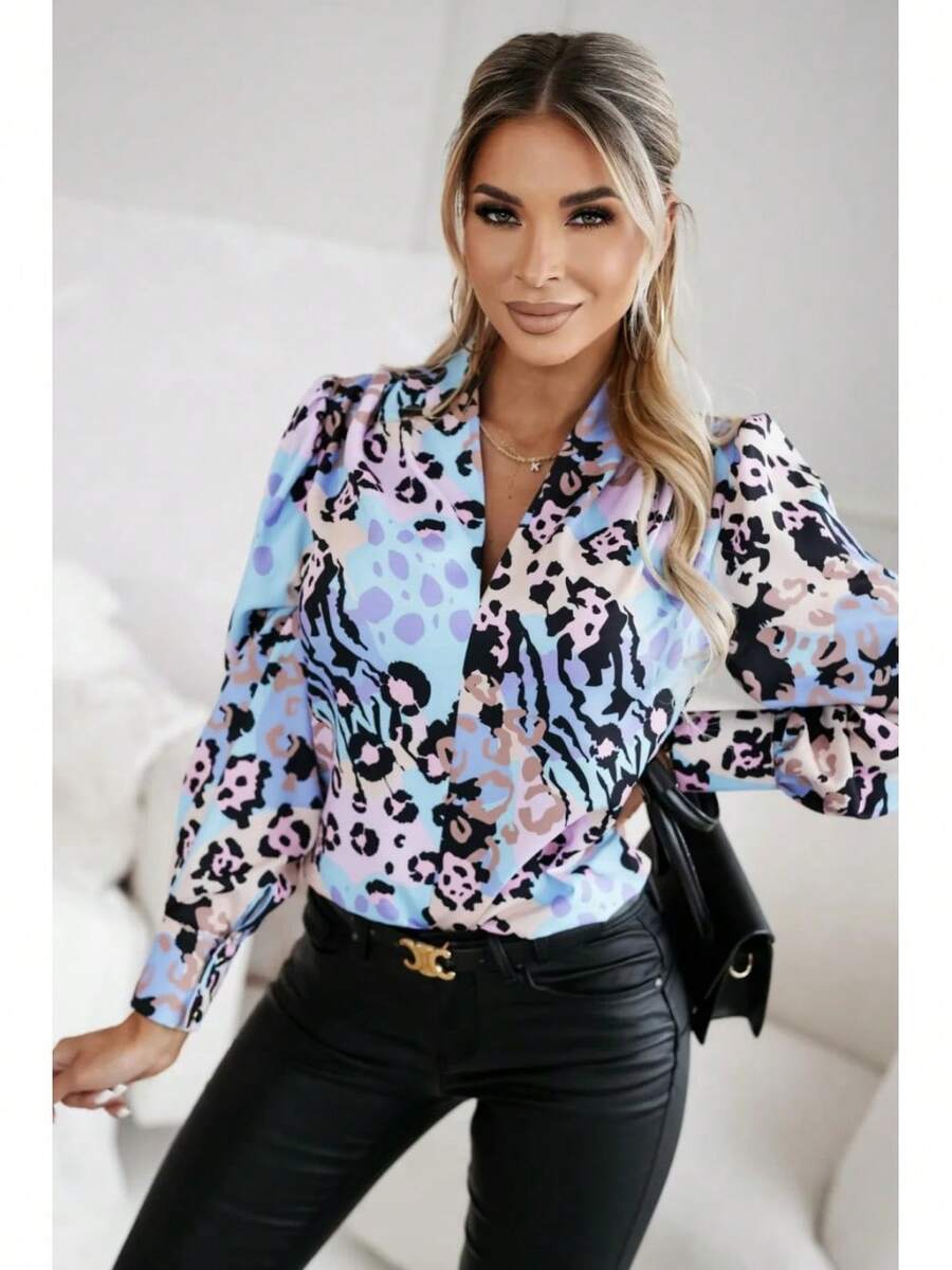 Women's Long-Sleeved Polka Dot Blouse With V-Neck And Puff Sleeves, Loose-Fitting Casual Top - 灰色 - 查看 1