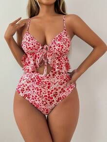 Traje de baño sexy de una pieza con estampado floral y volantes TK386 - Rojo - Ver 10