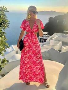 xheVivid Eden Vestido largo estilo maxi para verano con escote en V profundo, cierre delantero, abertura en la cintura y bajo con aberturaxhe - Rosa - Ver 8