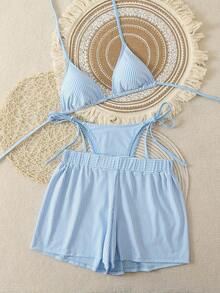 Swim Vcay Conjunto de 3 piezas de bikini con textura de tela a rayas azul y blanco, con tirantes finos y cuello halter, para primavera/verano 2026 - Azul y blanco - Ver 5