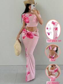 Swim  Conjunto de vacaciones para mujer de 4 piezas: Top de bikini triangular con estampado de cuello halter, Bottom de traje de baño, falda larga tipo sarong y cubrecuerpo.Conjunto de 2 piezas floral con falda maxi, conjunto de 2 piezas de verano para mujer - Rosa - Ver 9