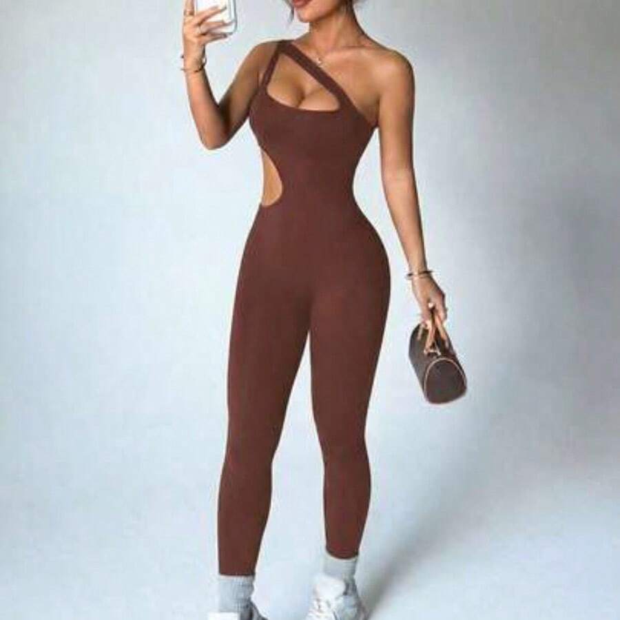 guangzhougaolangshangmao Dewbera 2 piezas Mono sin mangas negro sin costuras para mujer, diseño de cintura hueca, adecuado para uso en primavera/verano. Apropiado para mono casual, fitness, yoga. - Marrón - Ver 1