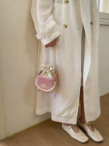 Mini Pleated Drawstring Box, Acrylic, Fashion Drawstring Pouch, Pearl Handbag - Pink - View 3
