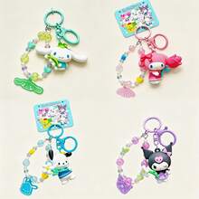 MINISO Sanrio My Melody 粉色花朵串珠腕帶鑰匙圈，可愛角色迷你公仔包飾吊飾，附亮片珠飾手鍊、粉色夾扣鉤與角色吊牌，背包手提包配件，開學季禮物 - 樣式 1 - 查看 6