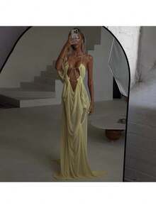 Precioso vestido largo de fiesta sin tirantes para mujer con detalles de volantes asimétricos, vestido de corte A sin mangas de tela tejida. - Amarillo - Ver 5