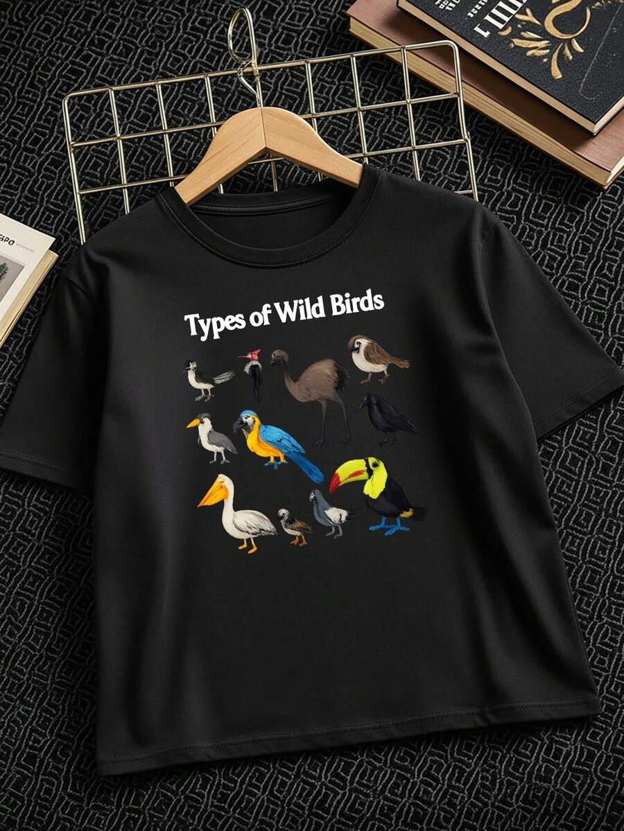 Camiseta de Algodón para Niños con Pájaros Coloridos y Letras del Alfabeto - Manga Corta, Cuello Redondo, Suave y Transpirable, Ropa Casual de Verano para Jugar - Negro - Ver 1
