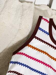 Girls' Sleeveless Fitted Dress, Round Neck With Multicolor Stripes, Suitable For Streetwear, Vacation Wear, Summer New Casual Young Girl' Dress - White - View 5