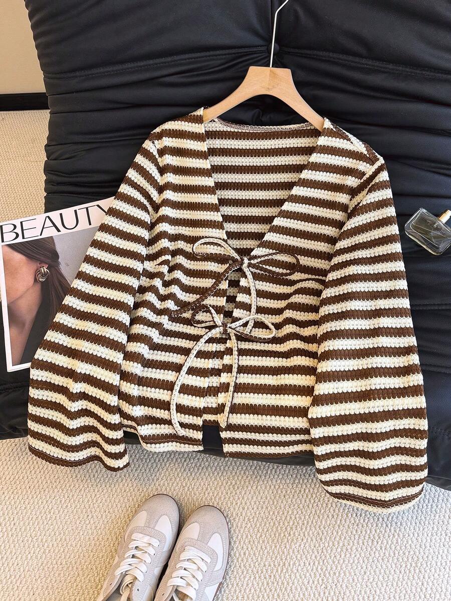 Selcouth Plus Size Women Striped Casual Versatile Daily Wear Top, V-Neck Textured Striped Vacation Casual Top, Summer Outfits For Plus Size Women - Brown - View 1
