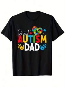 Vestibilita.1pac.100%cotton.Proud Autism for Dad Advocate T-Shirt - 100% 180 g/m² Schwarzes Design mit Puzzle-Herz und Handabdruck zum Thema Autismus-Aufklärung, farbenfroher Schrift, Slogan für Akzeptanz und Inklusion, Geschenkidee zum Vatertag und Muttertag. Palme Graphics - Schwarz - Übersicht 1