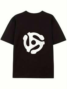 Vintage T-Shirt With 45 RPM Vinyl Record Adapter Print - Black With White Print, Loose Fit, Casual Style, Suitable For Music Lovers, DJs And Vintage Enthusiasts - Original Gift, Machine Washable, Opaque. - 黑色 - 查看 6