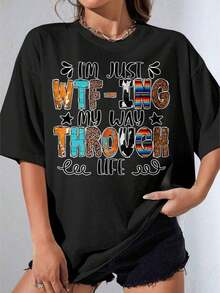 Girls' Black And White T-Shirt, White T-Shirt With "Ing Through Life" Print And Colorful Pattern For Casual Wear, Outdoor Parties, Casual Printed T-Shirt - 黑色 - 查看 1