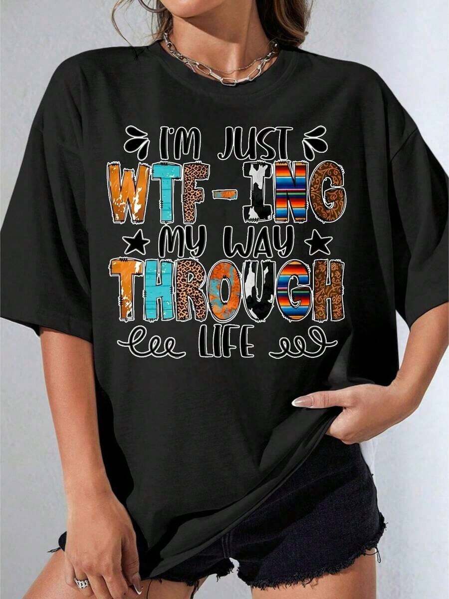 Girls' Black And White T-Shirt, White T-Shirt With "Ing Through Life" Print And Colorful Pattern For Casual Wear, Outdoor Parties, Casual Printed T-Shirt - 黑色 - 查看 1