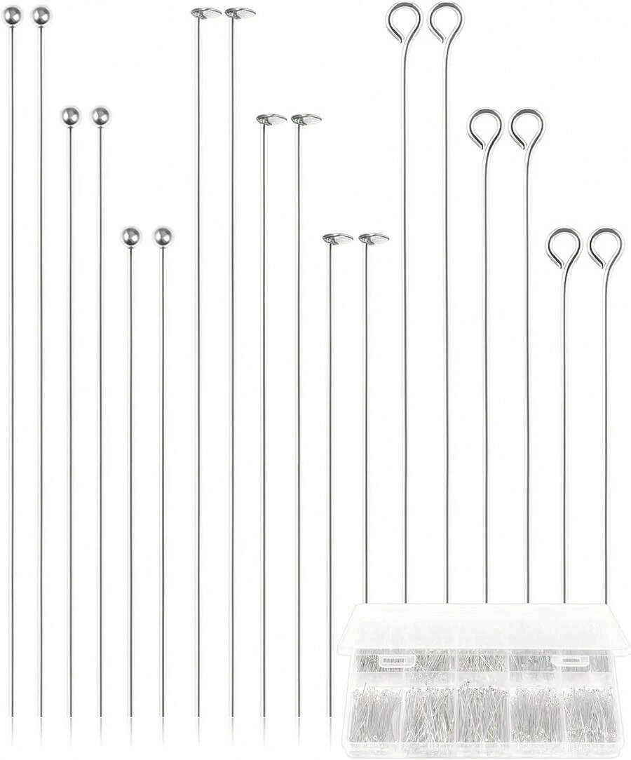 FIVEIZERO 900 PCS Eye Pins And Flat Head Pins For Jewelry Making, Metal Eyepins, Headpins &Amp; Ball Head Pins For DIY Earrings, Necklaces, Bracelets, Pendants, 1.2", 1.6", 2",Silver - ColorC - View 1