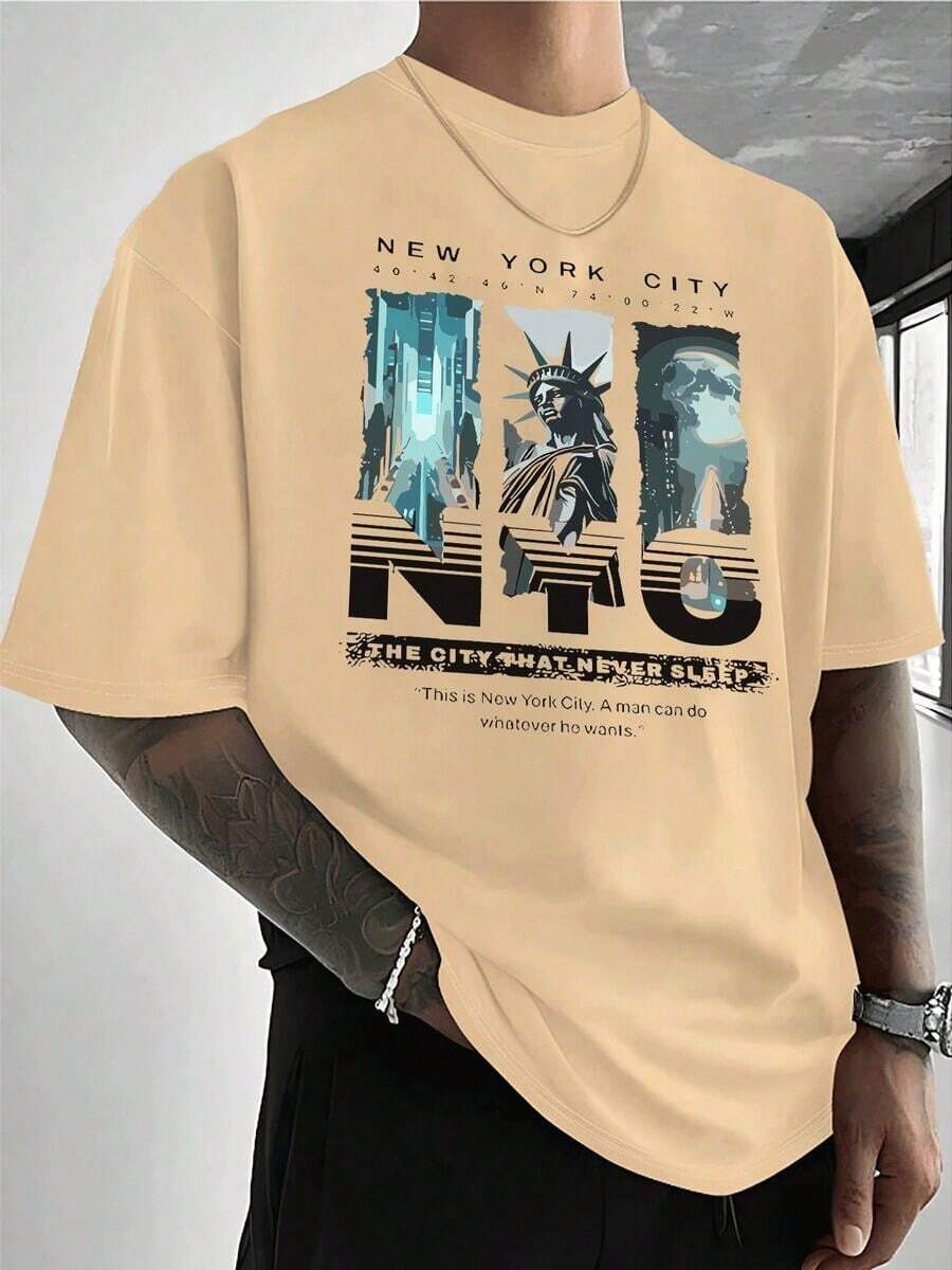 Short-Sleeve Heavyweight Cotton T-Shirt With New York Sky Freedom Graphic PAYEAH 100% Cotton - 杏 - 查看 1