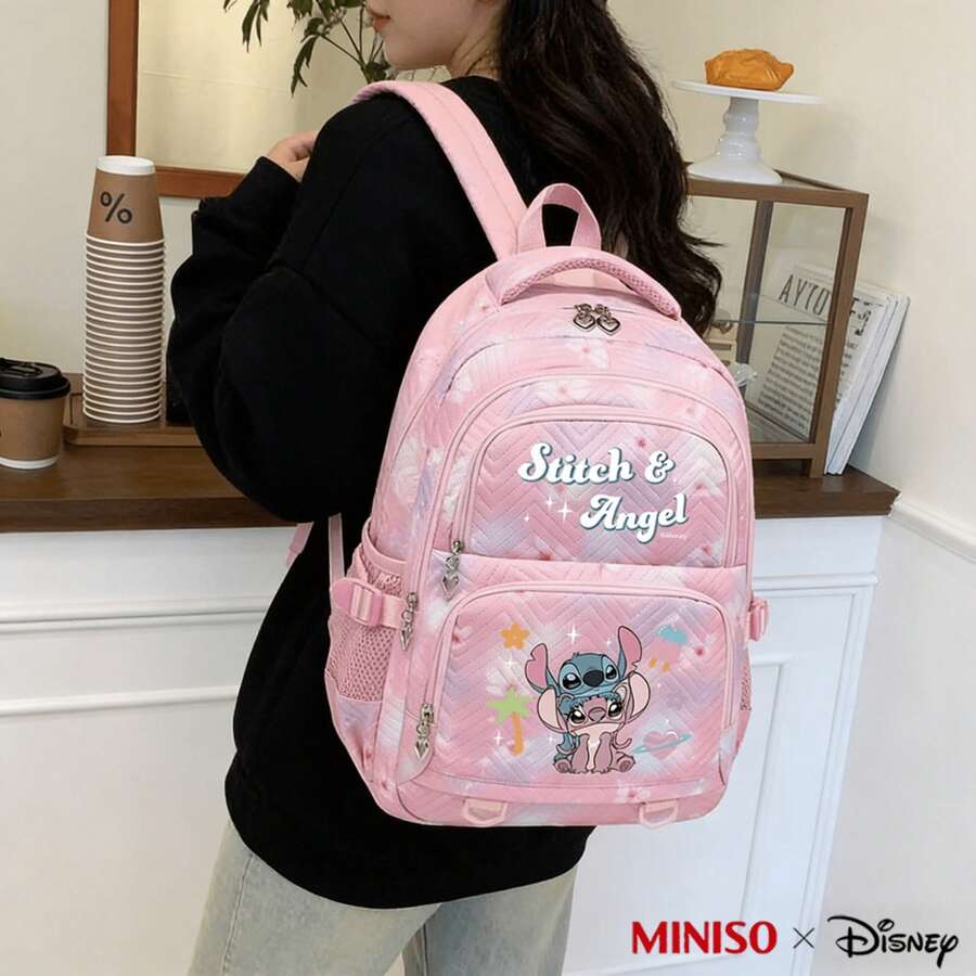 Ba lô MINISO Disney Stitch & Angel, họa tiết hoa hồng nhuộm tie-dye, thích hợp cho công việc văn phòng, học tập và du lịch. - hồng - Xem 1
