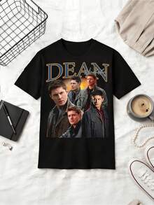Retro Multi-Cut Collage Graphic Summer Cotton Casual Short Sleeve T-Shirt - Black - View 1