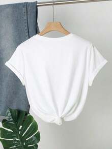Women's Regular Fit Milk Silk Casual T-Shirt With A Round Neck, Short Sleeves, Floral Print, And Slogan. Black, Summer Vacation - 布蘭克 - 查看 2