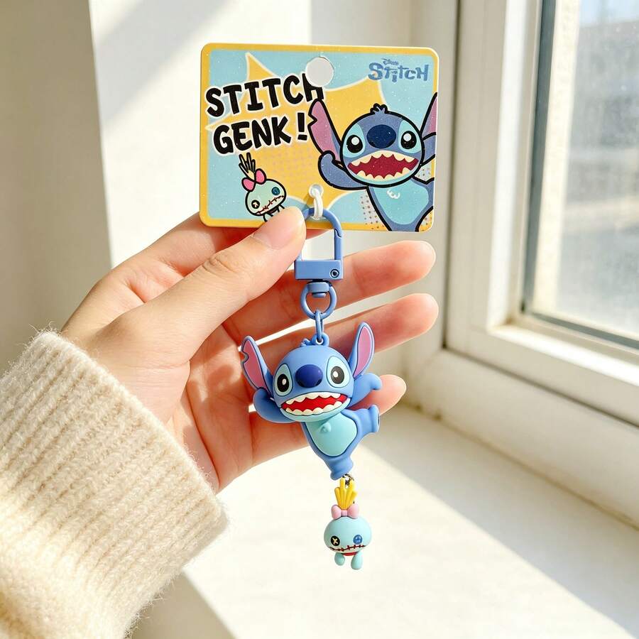 MINISO Disney Stitch 跳躍姿勢鑰匙圈,可愛卡通人物包飾吊飾,附 Scrump 吊飾與夾扣鉤,背包手提包配件,開學禮物 - 樣式 2 - 查看 1