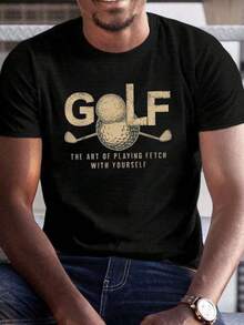 Golf Monogram Graphic Print T-Shirt With Golf Balls And Clubs, Men's Cotton T-Shirt, Fashionable And Comfortable, Crew Neck, Casual Short Sleeve - 黑色 - 查看 11