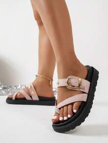 Nuevas sandalias de plataforma con hebilla de metal decorativa, cómodas y versátiles para uso diario - Terciopelo rosa - Ver 3
