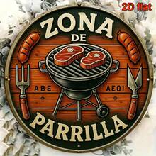 2D平面圓形復古金屬烤肉標誌，西班牙語-英語雙語 Zona De Parrilla/Barbecue Grill Area 標誌，防水防鏽戶外耐用，適用於後院、露台、餐廳、酒吧牆面裝飾，復古烤肉主題牆飾，適合夏季烤肉派對、父親節、聖誕節、喬遷、生日派對等多節慶氛圍創意裝飾禮物 - 彩色 - 查看 6
