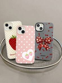 3pcs Cute Cherry Bow Polka Dot Strawberry Heart Print Matte Phone Cases, Including: Black & White Polka Dot Cherry Bow, Milky White Big Strawberry, Pink Polka Dot Strawberry Heart, Coquette Sweet Girl, Korean Ins, Y2K Dopamine, Summer Style, Red Cherry + Brown Bow + White Polka Dot + Strawberry + Heart, Suitable For Young Girls, Mothers Day, Valentines Day, Birthday, Easter, Spring - Multicolor - View 4